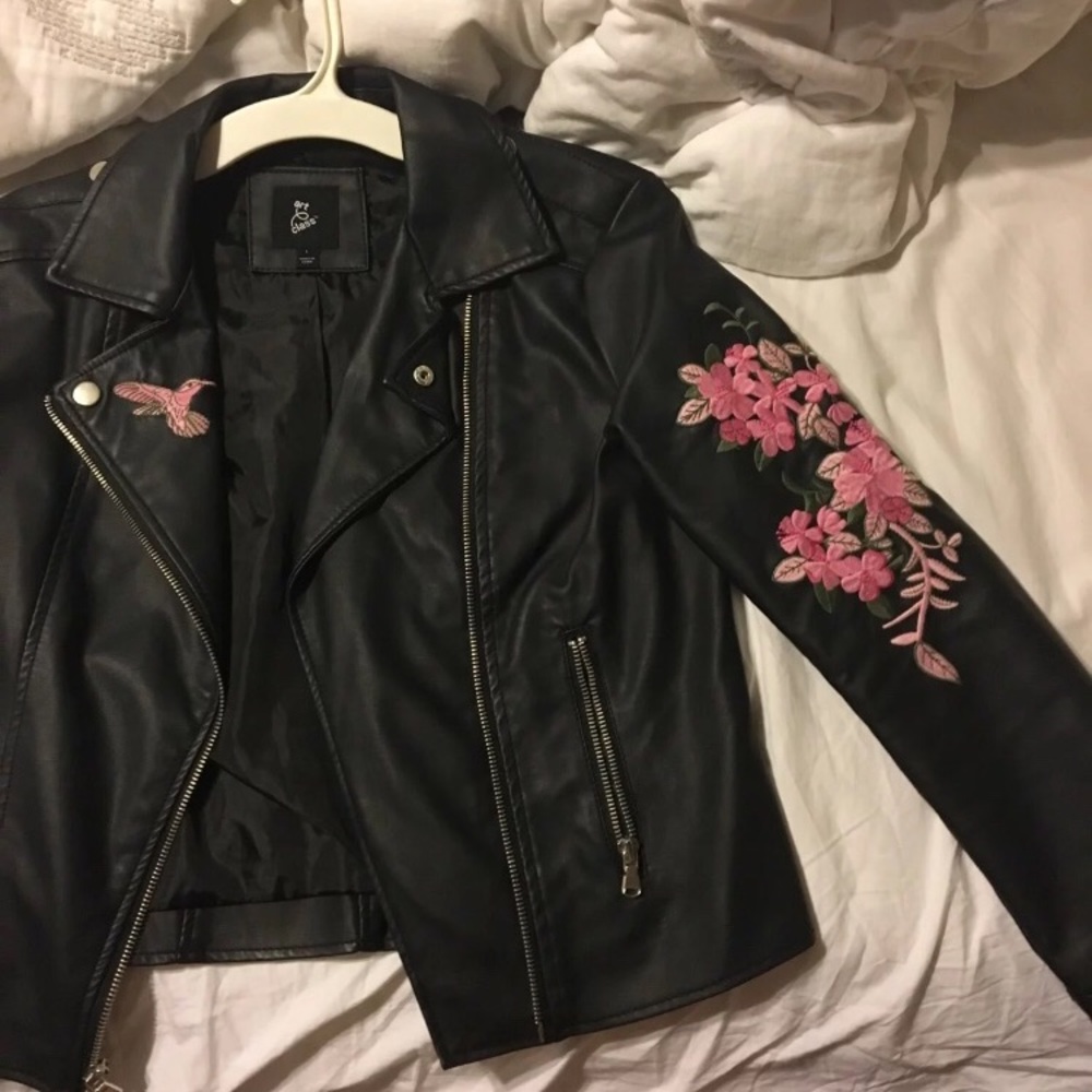 Black floral leather jacket